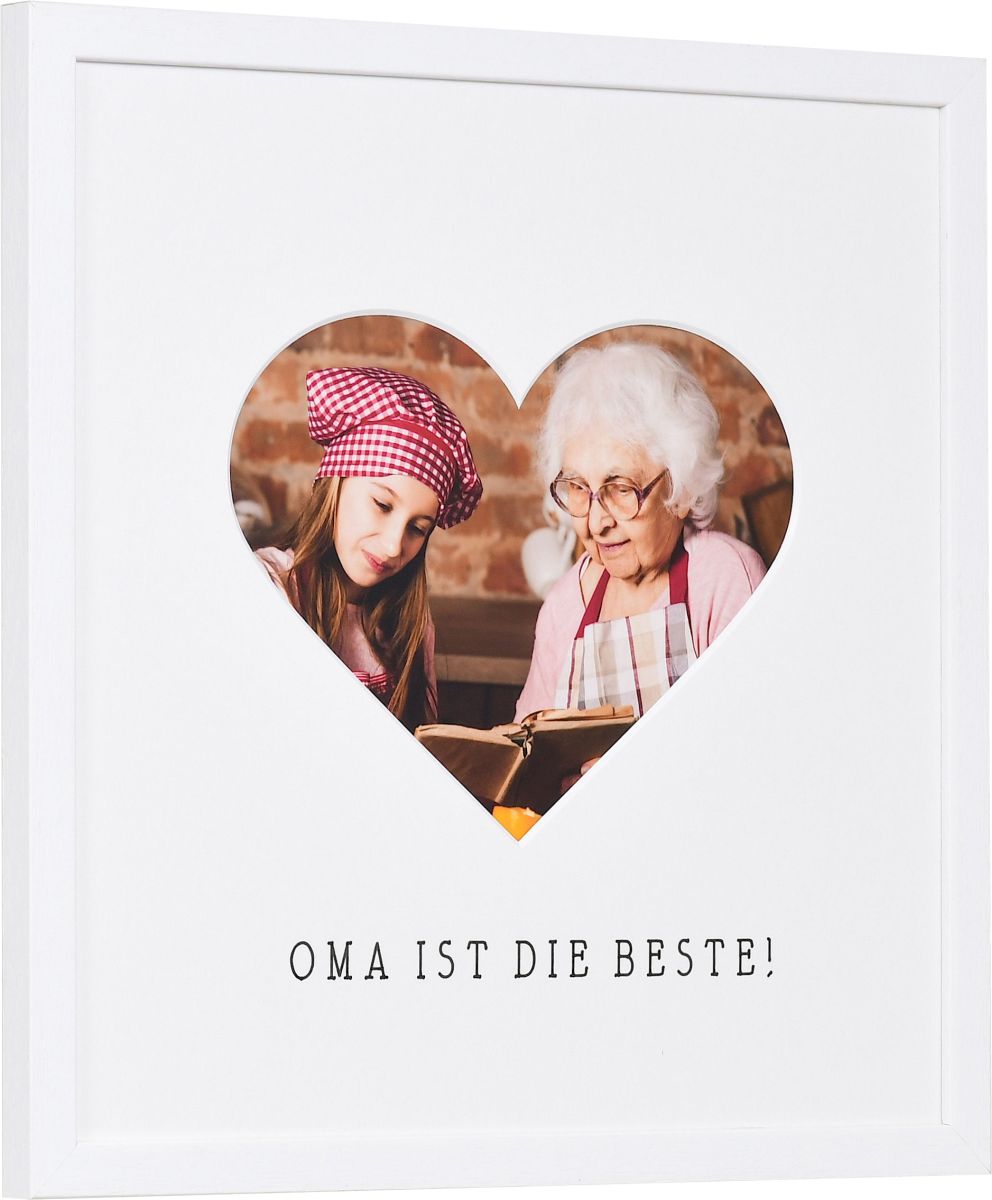 seitliche Ansicht eines Bilderrahmens mit Herzausschnitt für Oma in der Farbe Weiss